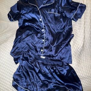 Women's Navy Satin Pajama Set